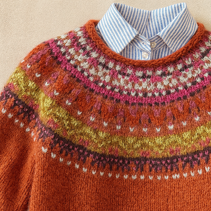Romée | Pull nordique rouille à empiècement coloré