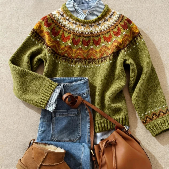 Rosaria | Pull nordique vert olive à motif tulipes